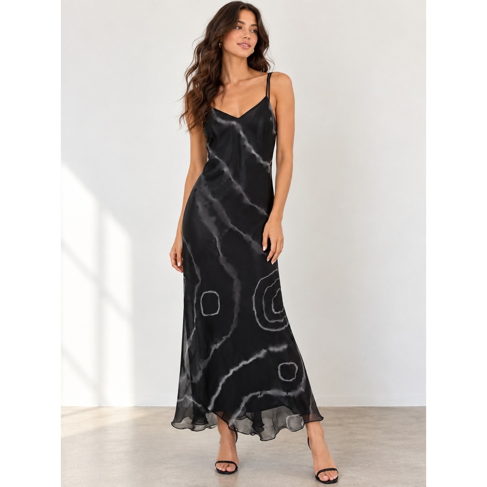 Hokus Pokus Maxi Dress Women Medium Black Polyester Tie Dye Sheer Slip Grunge